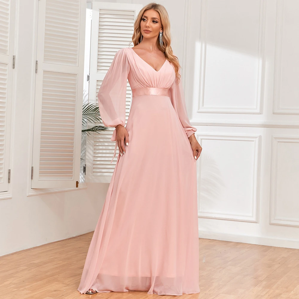 Robe de soirée en mousseline de soie rose à manches longues pour femmes, ligne A, col en V, longueur au sol, fête, tout ce qui est 2023, vente en gros, robe de soirée, 123