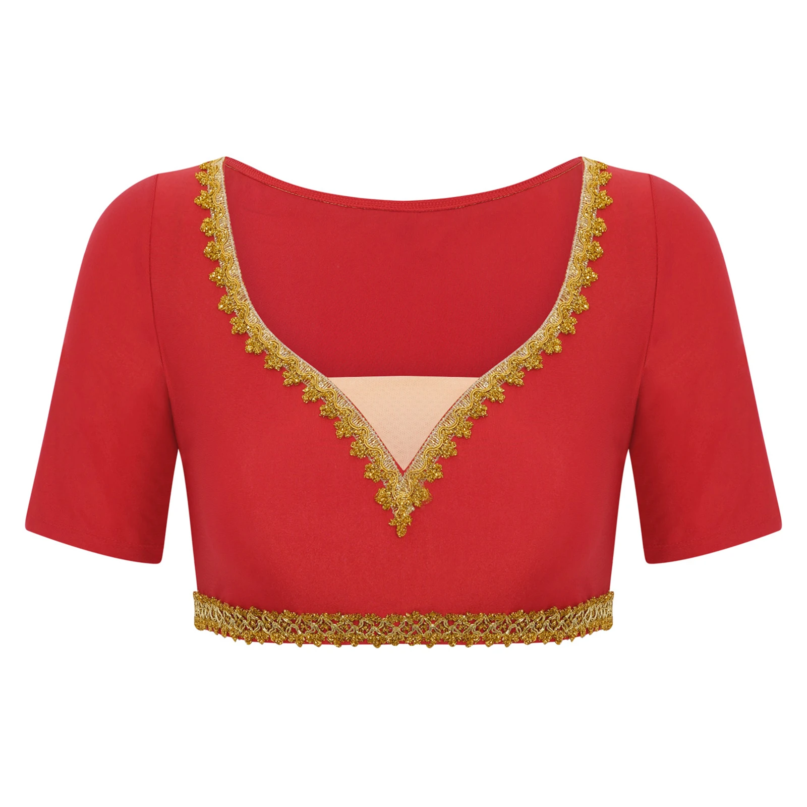 여성 인도 벨리 댄스 크롭탑 골드 트림 브이넥 반팔 슬림핏 크롭 블라우스 댄스 공연 의상 댄스웨어