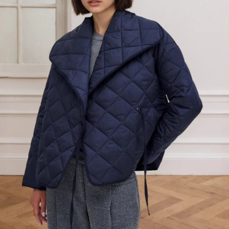 

Fashion Warm Padded Cotton Jacket Coat for Women 2025 Winter Casual Loose Lace-Up Lapel Grid Quilted Parkas Coat Outwear Female