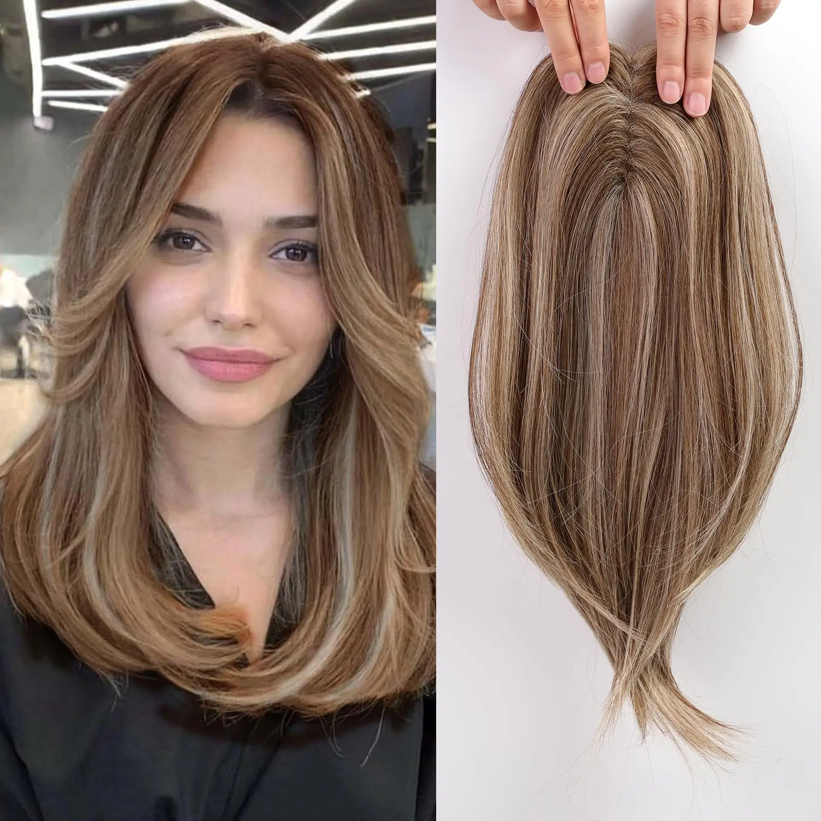 レース付きミドルパートバングスの女性用人毛ヘアピース--9x14インチ-14-18インチ-オンブレカラー-1b-613-ブラックブロンド
