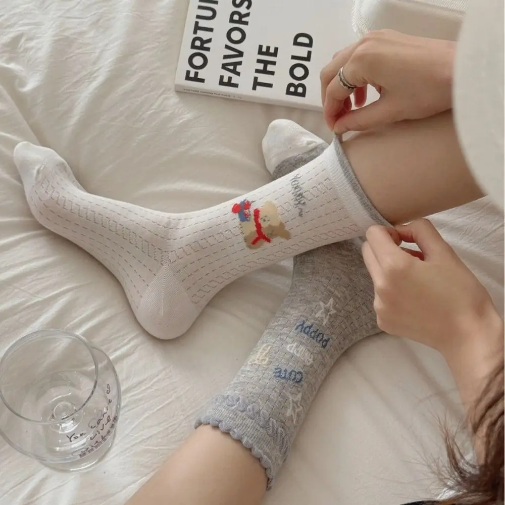 

2Pairs Comfortable Cute Cartoon Cotton Socks Thin Dog Mid-calf Socks Women Stars Breathable Summer Tube Socks Women
