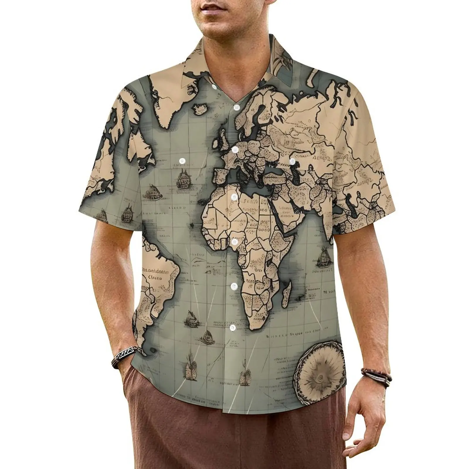 

Hawaiian Shirt Beach Vintage World Map Blouses Historical Map Loose Casual Shirts Men Short-Sleeved Breathable Plus Size 4XL Top