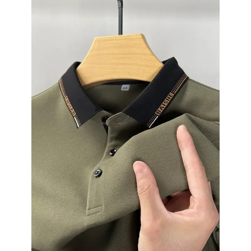 100% Cotton Long Sleeved Men's Lapel Luxury Business Brand Autumn 2023 Loose High-end Trend Solid Color POLO Shirt Korean Top