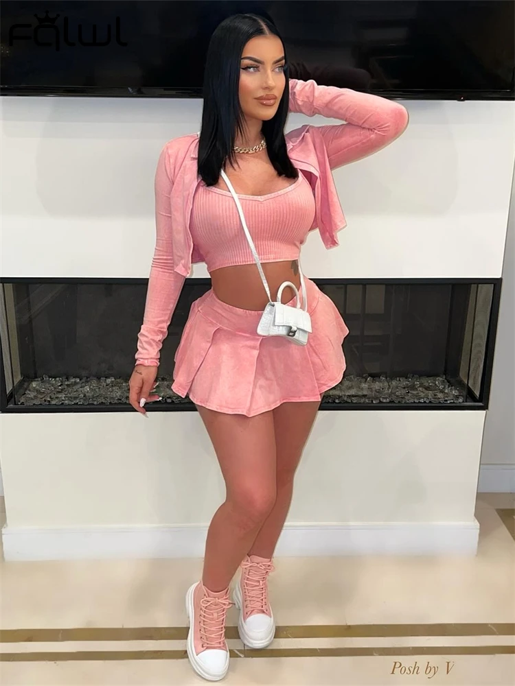 Habbris Summer Pink Denim 3 Three Piece Skirt Set Streetwear Outfits For Woman 2024 Long Sleeve Crop Jackets And Mini Skirt Set