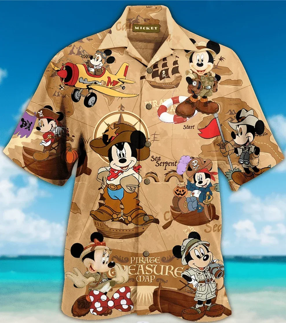 Disney Pirates Mickey Mouse Treasure Map Hawaiian Shirt Men\'s Women\'s Shirt DisneyButton Down Hawaiian Shirts Casual Beach Shirt
