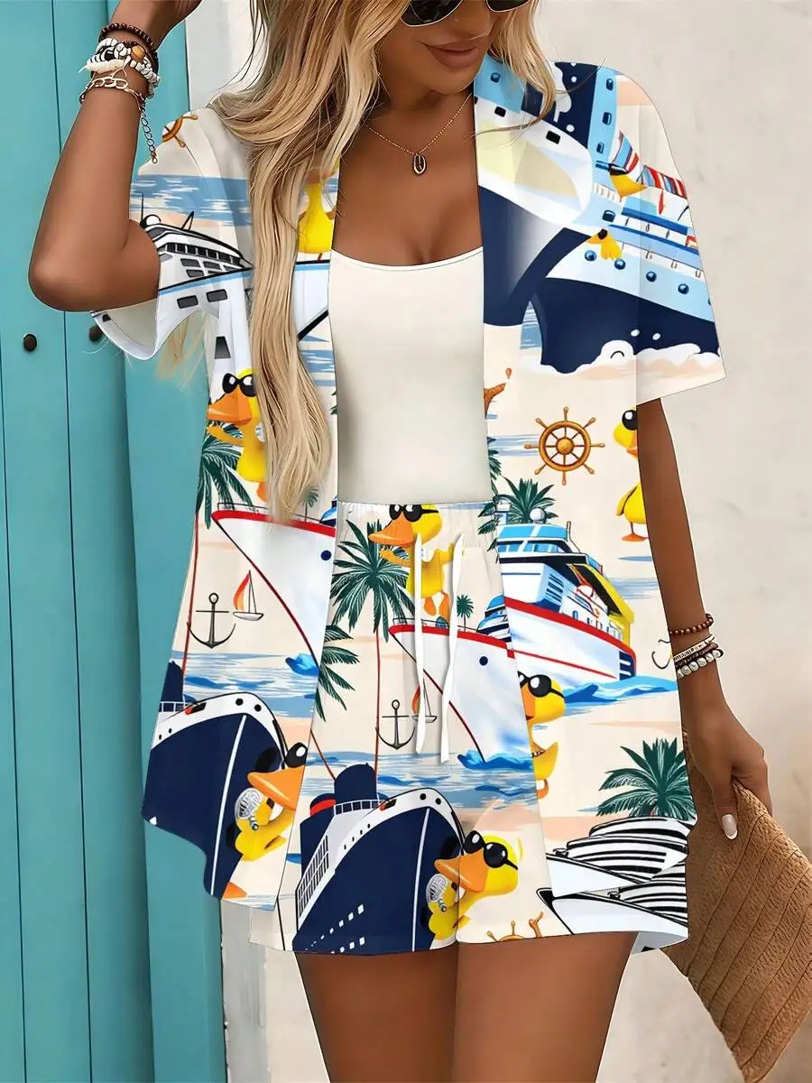 

Womens Boat And Duck Print Cardigan Shorts Set Summer Beach Casual Outfit Soft Comfortable Fabric