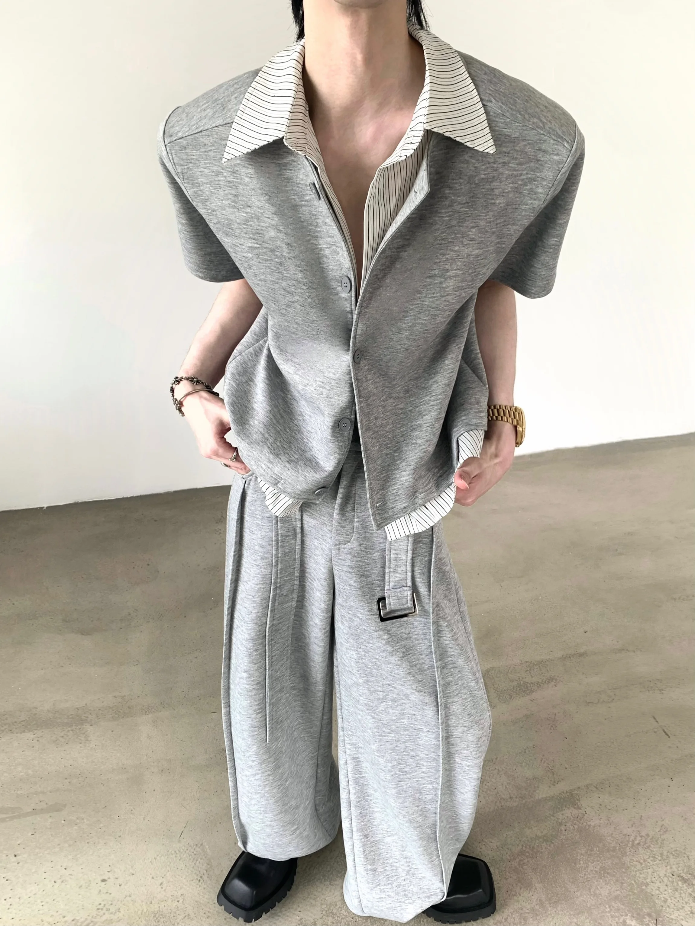Autumn Mountain Elegant Patchwork Fake Two-Piece Jacket Men's Summer Old Money Grey Set Shoulder Pad Short Sleeve T-Shirt