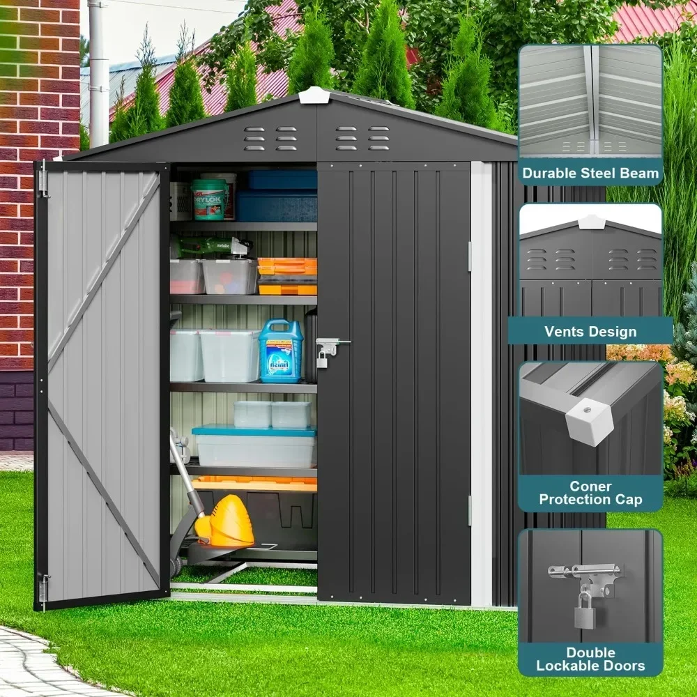 Outdoor Storage Shed with Metal Underframe with Double Lock Door, Lawn Outdoor Storage Gap,6 X 4 FT Galvanized Metal Garden Shed