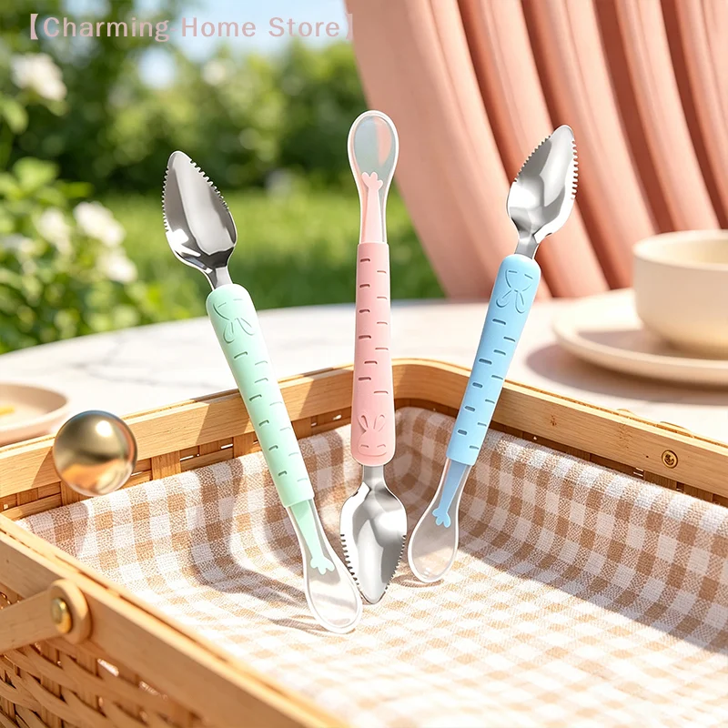 【M】Double Head Baby Food Spoon Stainless Steel Fruit Scraper Silicone Tip Feeding Spoon For Infant Complementary Food Making