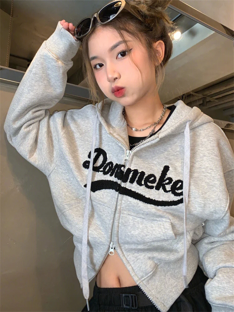 Korean Fashion Gray Cropped Hoodie Women Y2K Vintage Letter Zip Up Sweatshirts Spring 2023 Kpop Harajuku Hooded Jackets Casual