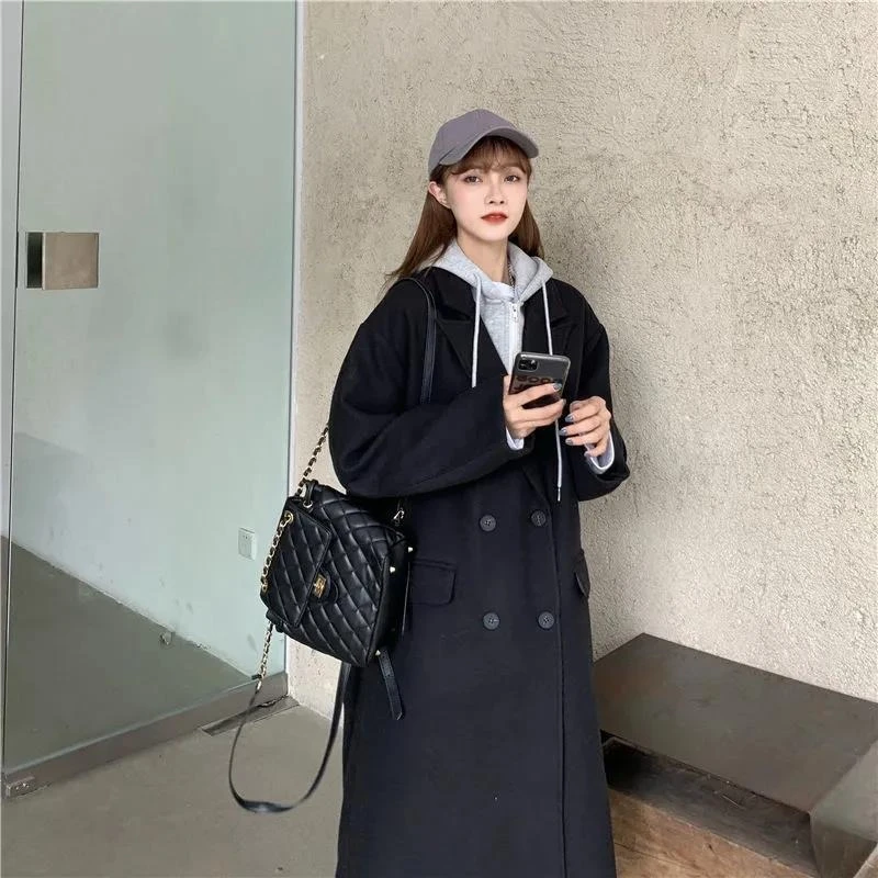 Women's 2025 Winter Oversized Wool Blend Coat Faux Layered Korean Style Loose Fit Mid Length with Hood Patchwork Thick Outerwear