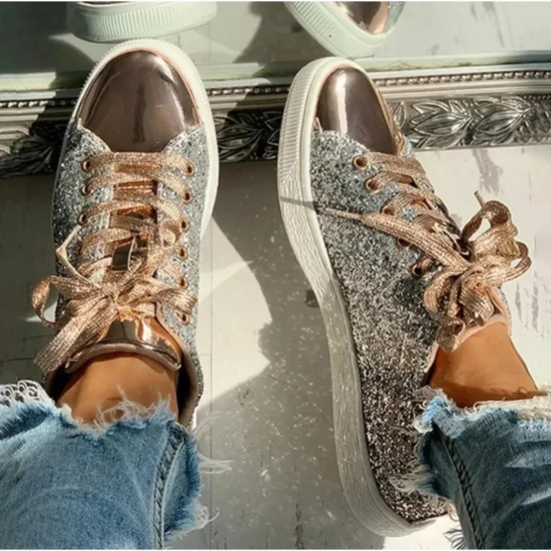 

Wome's Sneakers Bling Golden Shoes Casual Female Breathable Lace Up Outdoor Sport Tennis Women Vulcanize Shoes Zapatos De Mujer