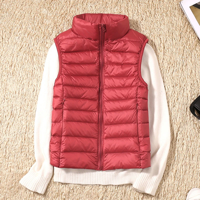 Fashion Autumn Stand Collar Duck Down Vest Women Elegant Solid Simple Zipper Coats Casual Warm Vests Ladies