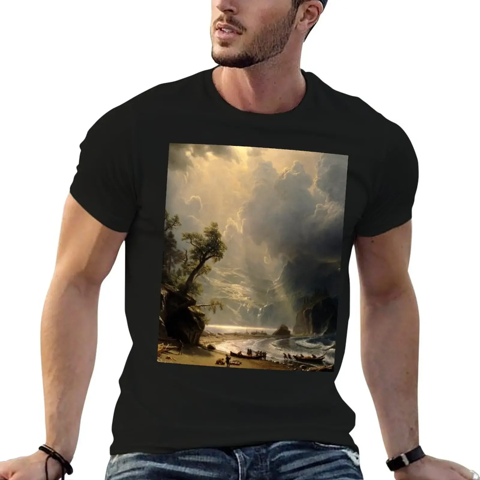 Puget Sound on the Pacific Coast, 1870 by Bierstadt T-Shirt shirts graphic tee tops tees blacks heavyweight t shirts for men