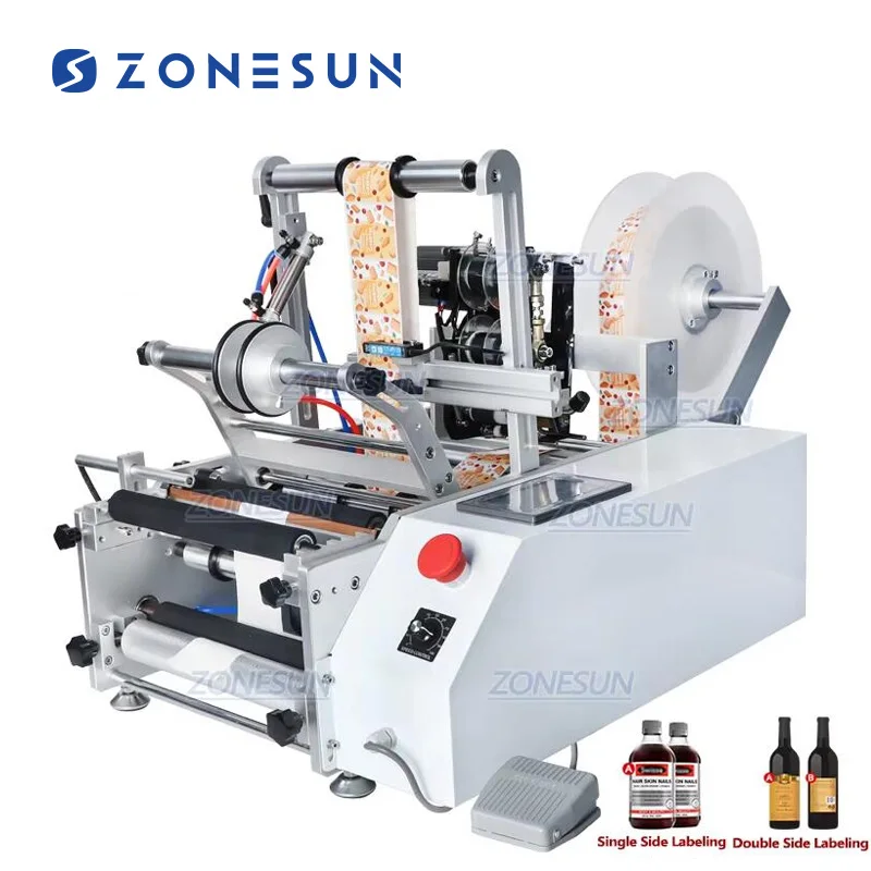 

ZONESUN TB-190 Wine Double Side Sticker Round Water Semi Automatic Digital Bottle Labeling Machine for Plastic Bottle
