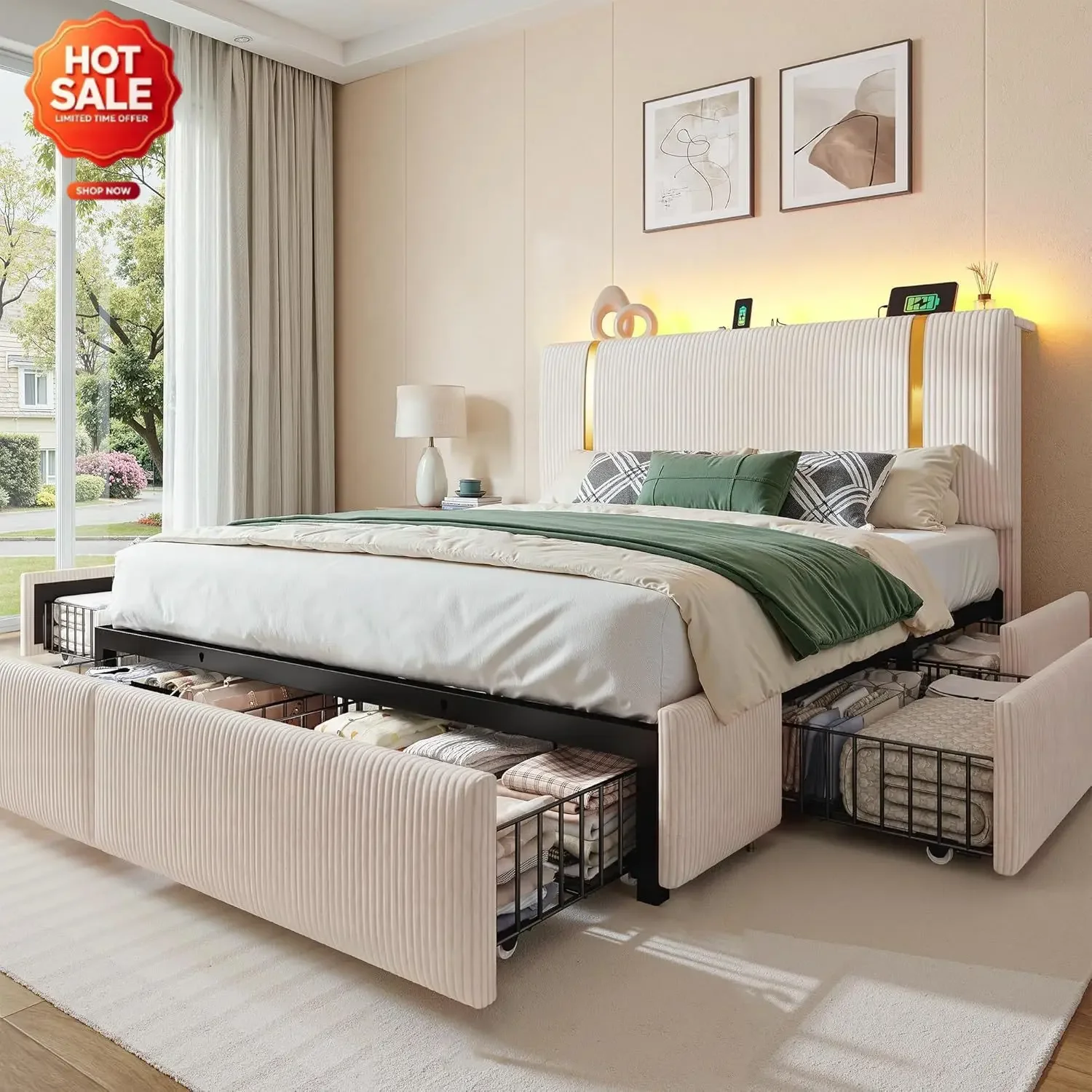 Queen Corduroy Bed Frame with 6 Drawers&Adjustable Headboard,Beige | LED light & Charging Station, Noise-free, No box spring nee