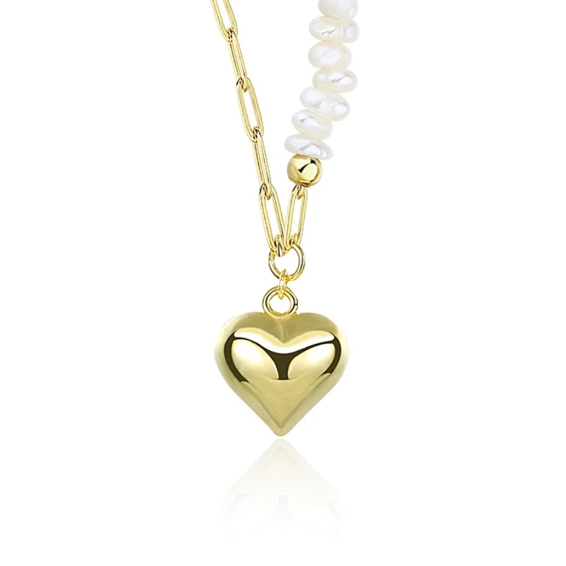 N Paper Clip Chain Heart Pendant Baroque Pearl Necklace 925 Sterling Silver Gold Plated Baroque Pearl Jewelry