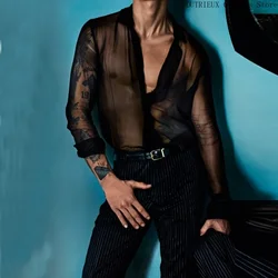 Men's Summer Black Thin See-through Clothes Men's Casual Shirt Breathable Blouse Night Bar Club Sexy Costume