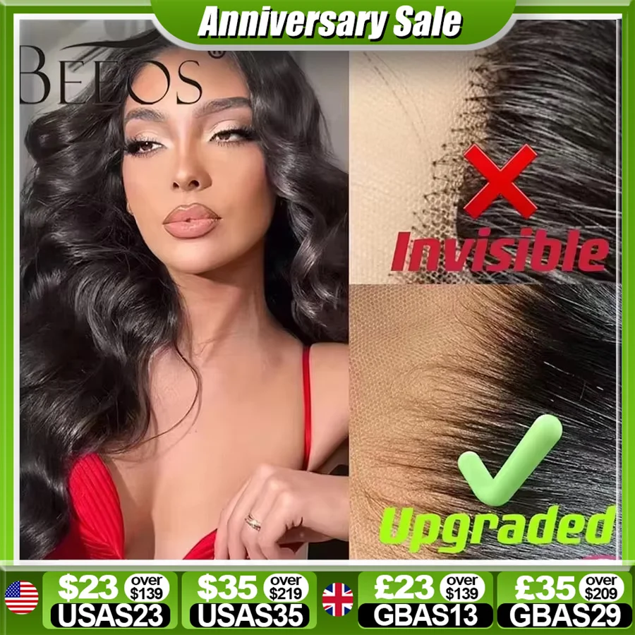 BEEOS Glueless Aggiornato 2.0 Piccoli Nodi 13x6 Parrucca Frontale Del Merletto Dei Capelli Umani Bye Nodi 34 pollici 250% 13x4 5x5 HD Parrucca di Chiusura Del Merletto