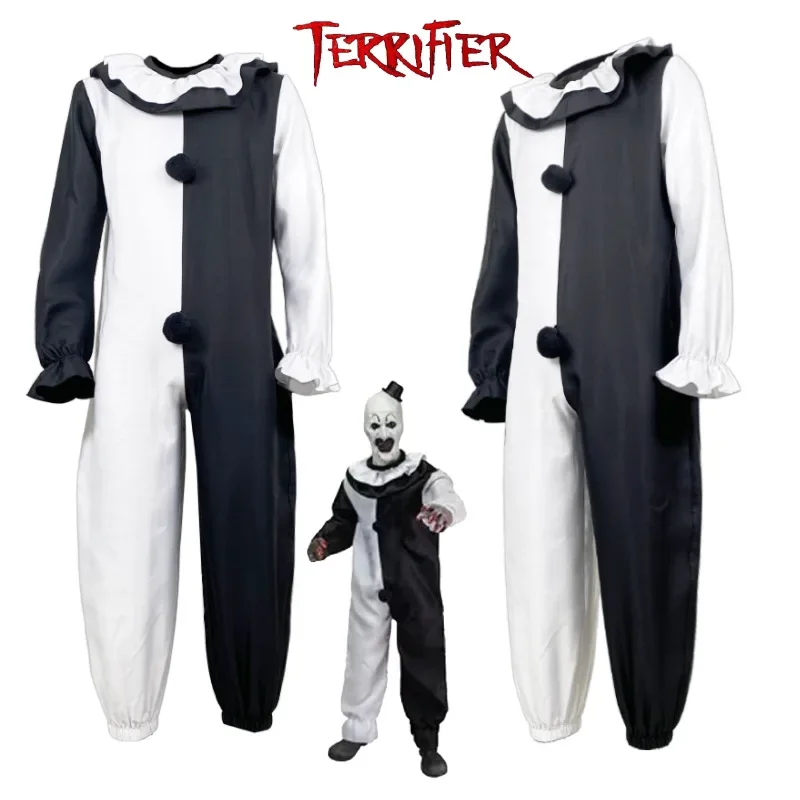 2025 NewClown Joker Cosplay Kostuum Masker Terriifier Jumpsuit Vrouwen Mannen Halloween Horror Zwart Wit Bodysuit TV Art De Clown AA