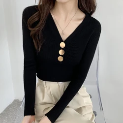 V-Neck Thin Base Sweater With Metal Buttons Slim Fit And Fashionable Ladies Style Knitted Top Commuting Sweater