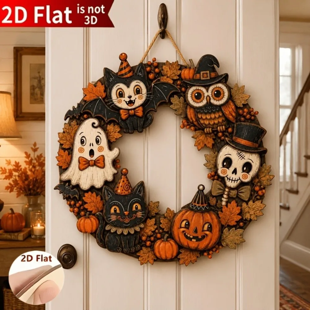 Rustic Halloween Ghost Cat Owl Sign Maple Leaf 2D Flat Wooden Welcome Hanging Sign Vintage Finish Round Ghost Door Wall Hanger