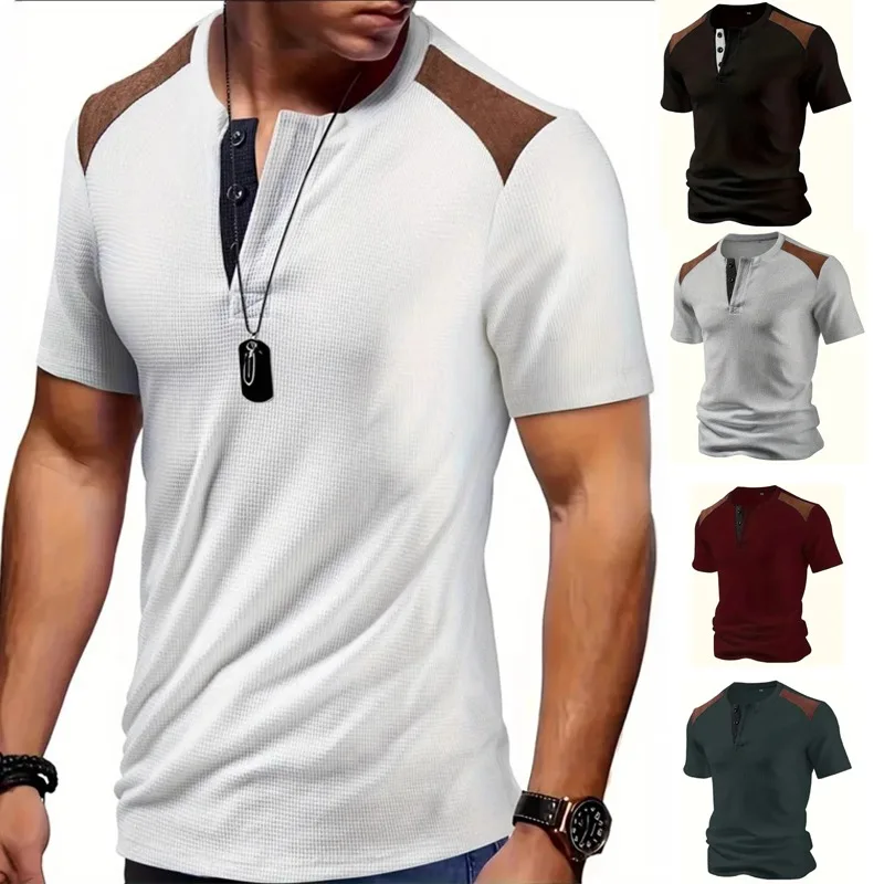 

2025 Men's Clothing Summer Short Sleeve Henley Neck T-Shirt Casual Sport Fitness Tops & Tees