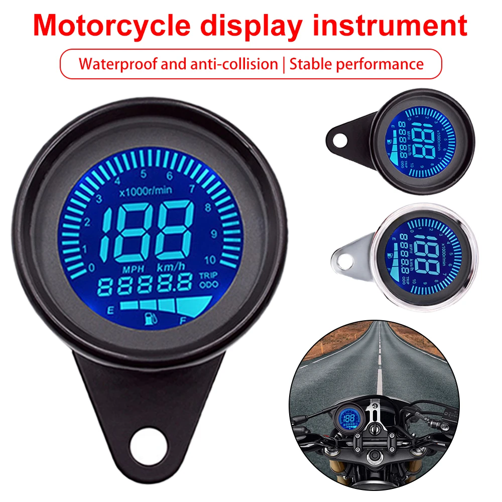 12V Universal Digital Motorcycle Speedometer Odometer Tachometer Gauge Waterproof Fuel Meter LED Indicator with Backlight