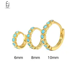 925 Sterling Silver Ear Needle Round Blue Turquoise Hoop Earring for Women 6mm/8mm/10mm Gold Earring Fashion Jewelry Gifts