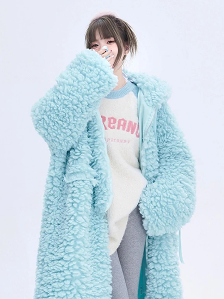 Lautaro Winter Long Oversized Casual Thick Warm Blue Thick Warm Fuzzy Fluffy Faux Fur Coat Women with Hood Zipper Fashion 2023