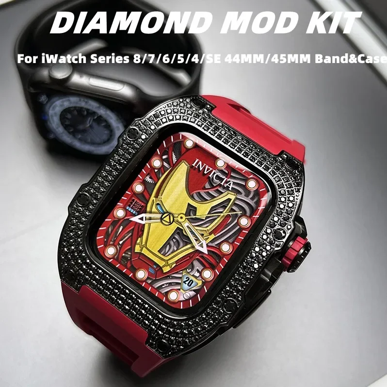 

44mm 45mm Luxury Diamond Case For Apple Watch Band Series 8 7 654 SE Men Rubber Strap For iWatch Diy Mod Modification Kit 45 44
