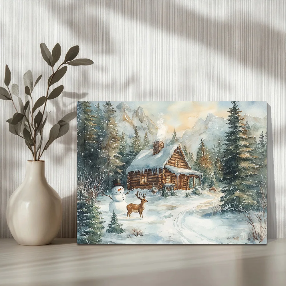 1pc,The Snowman And Deer Are In Front Of A Wooden House Surrounded By Pine Trees B, Modern Canvas Wall Art,Framed, 16x12inch