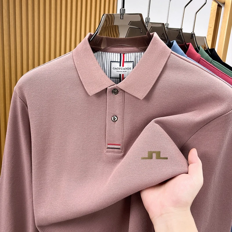 100% Baumwolle Herren Langarm-Poloshirt mit Kragen und Knöpfen, Exquisitem Musterdruck, Neues Herbst-Poloshirt, Business Casual Herrenbekleidung – Detail 2