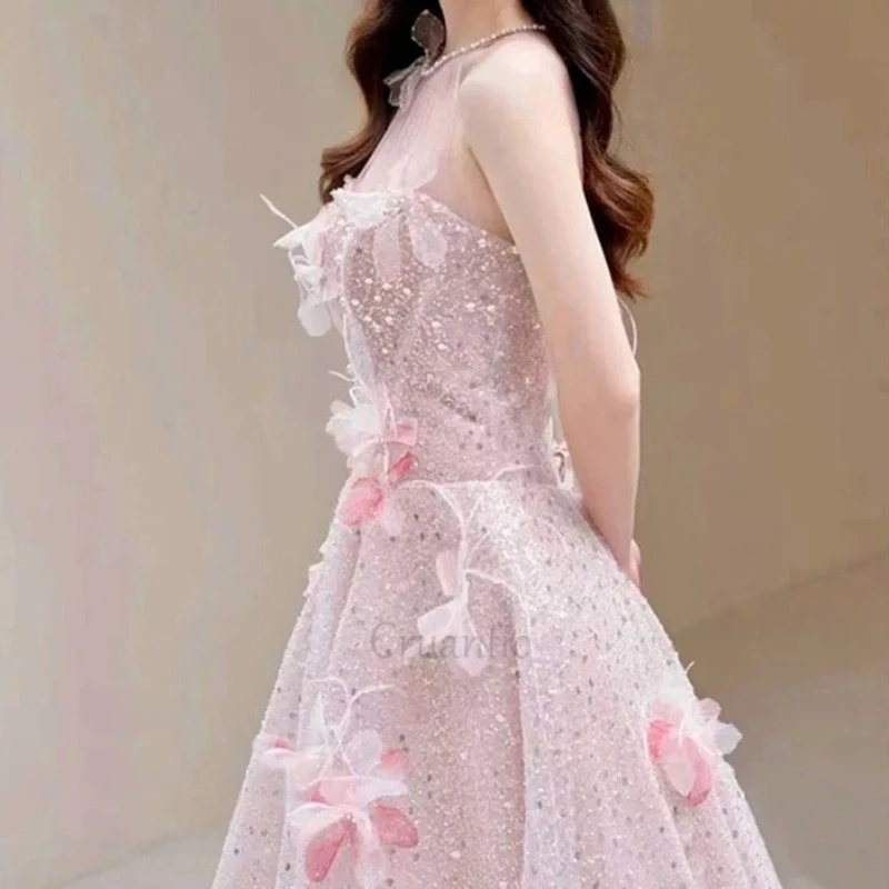 Illusion rose robes de demoiselle d'honneur perles douces perles appliques longues robes d'anniversaire exquise licou dos nu robe de soirée formelle