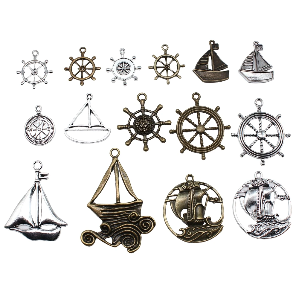 10pcs Ships Wheel Helm Rudder Compass Boat Charms Pendant Big Sailboat Pendant Charms For Jewelry Making