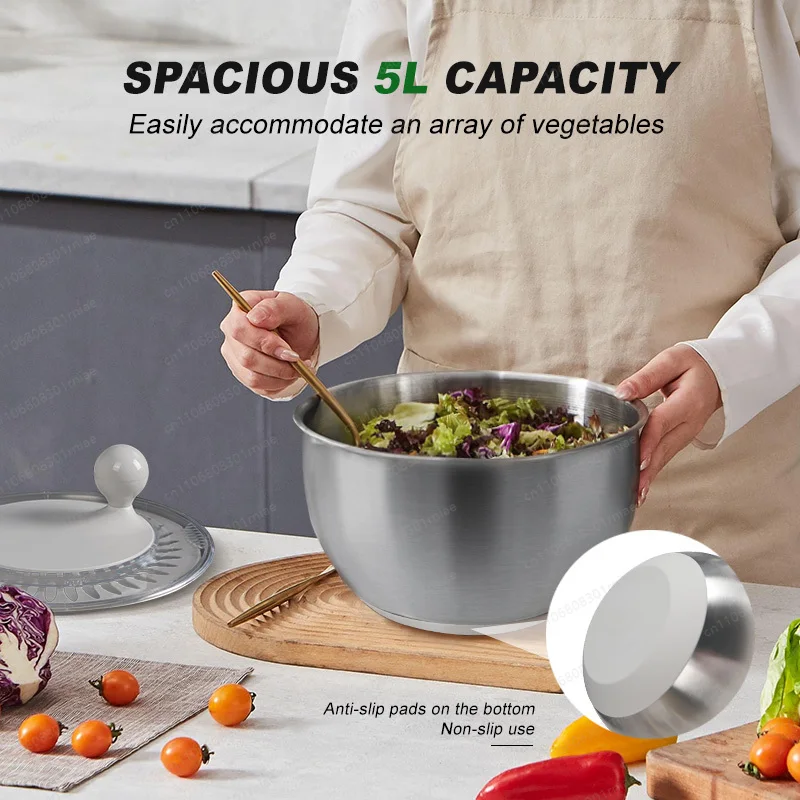 Lettuce Food Spinner Vegetable Dryer Dishwasher Safety 5L Large Capacity Manual Stainless Steel Salad Spinner