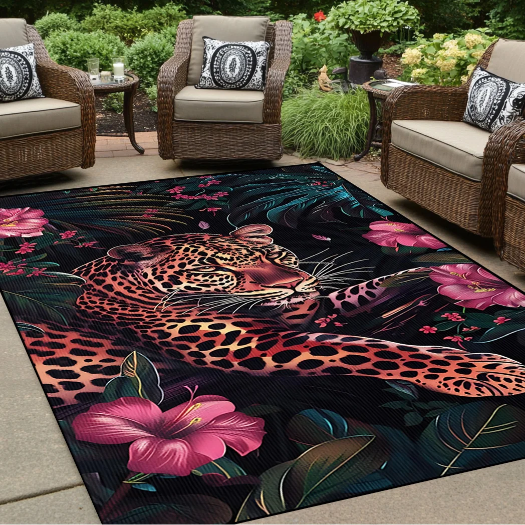 Flannel Printed Leopard Rug Tropical Flower Design Soft Fleece Outdoor Mat Garden Patio Decor Rugs