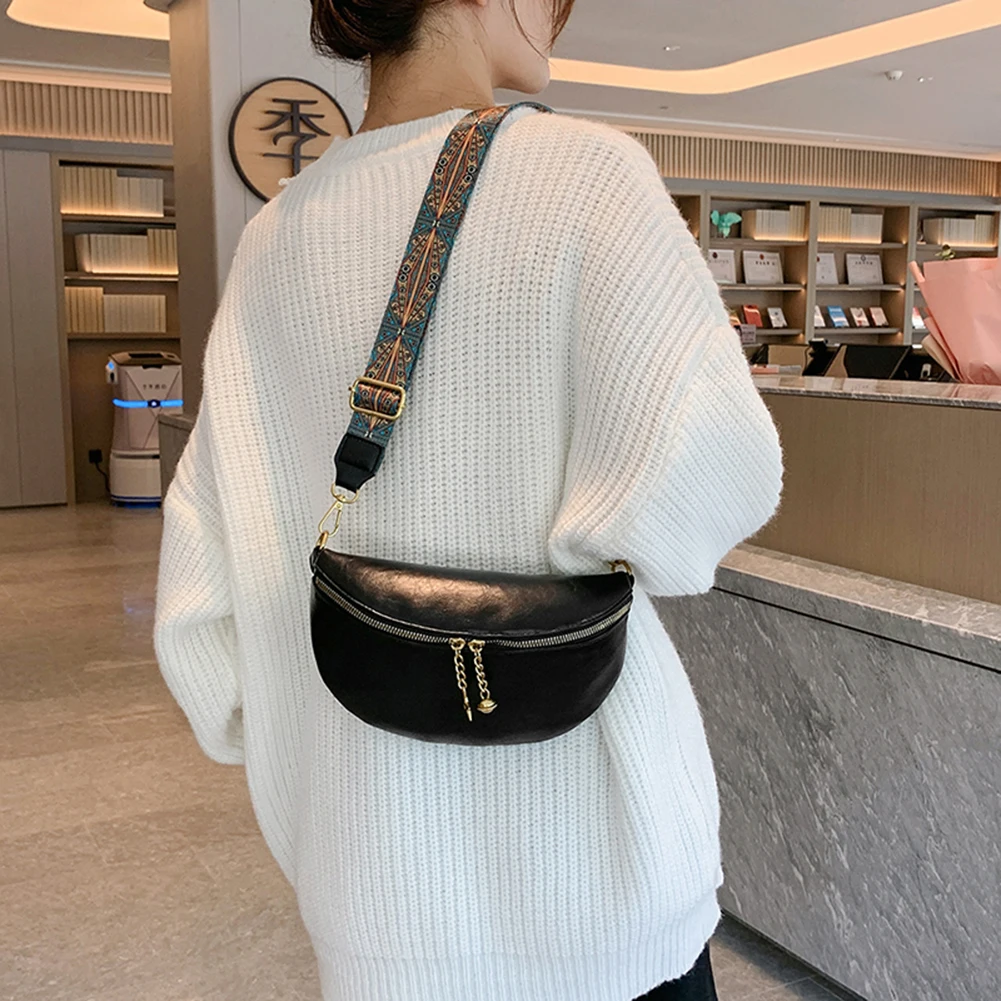 Fashion PU Leather Women Waist Bag Vintage Print Wide Strap Fanny Pack Ladies Solid Color Crossbody Bag High Quality Banana Bags