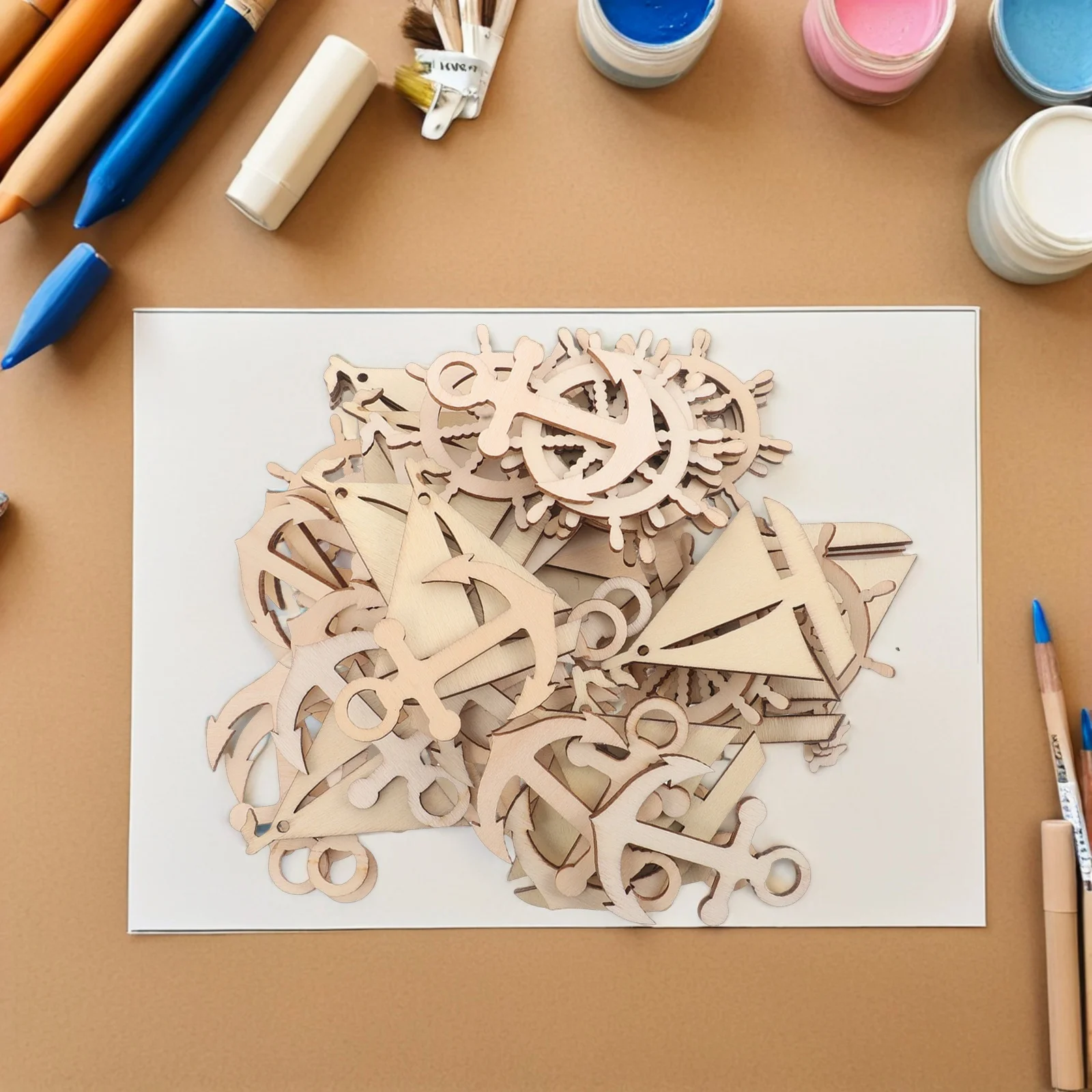 

60Pcs Unfinished Nautical Wood Cutouts Blank Sailboat Anchor Rudder Shapes for DIY Painting Crafts Nautical Party Supplies