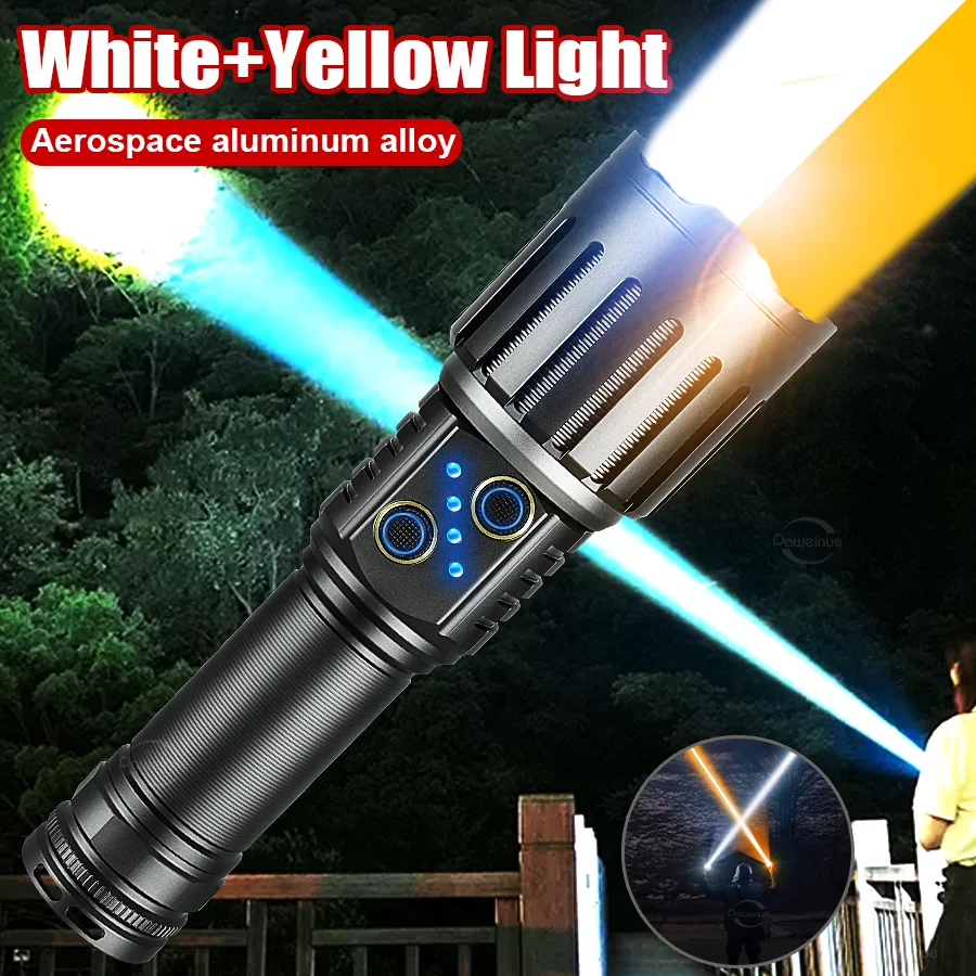 

Ultra Powerful LED Flashlights High Power Rechargeable Tactical Torch Long Range White+Yellow Super Bright Lamp Fishing Camping
