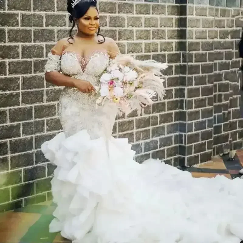 

Customized Plus Size Mermaid Wedding Dresses Ruffles Long Sleeves Lace Appliqued Beaded Crystals Bridal Gown