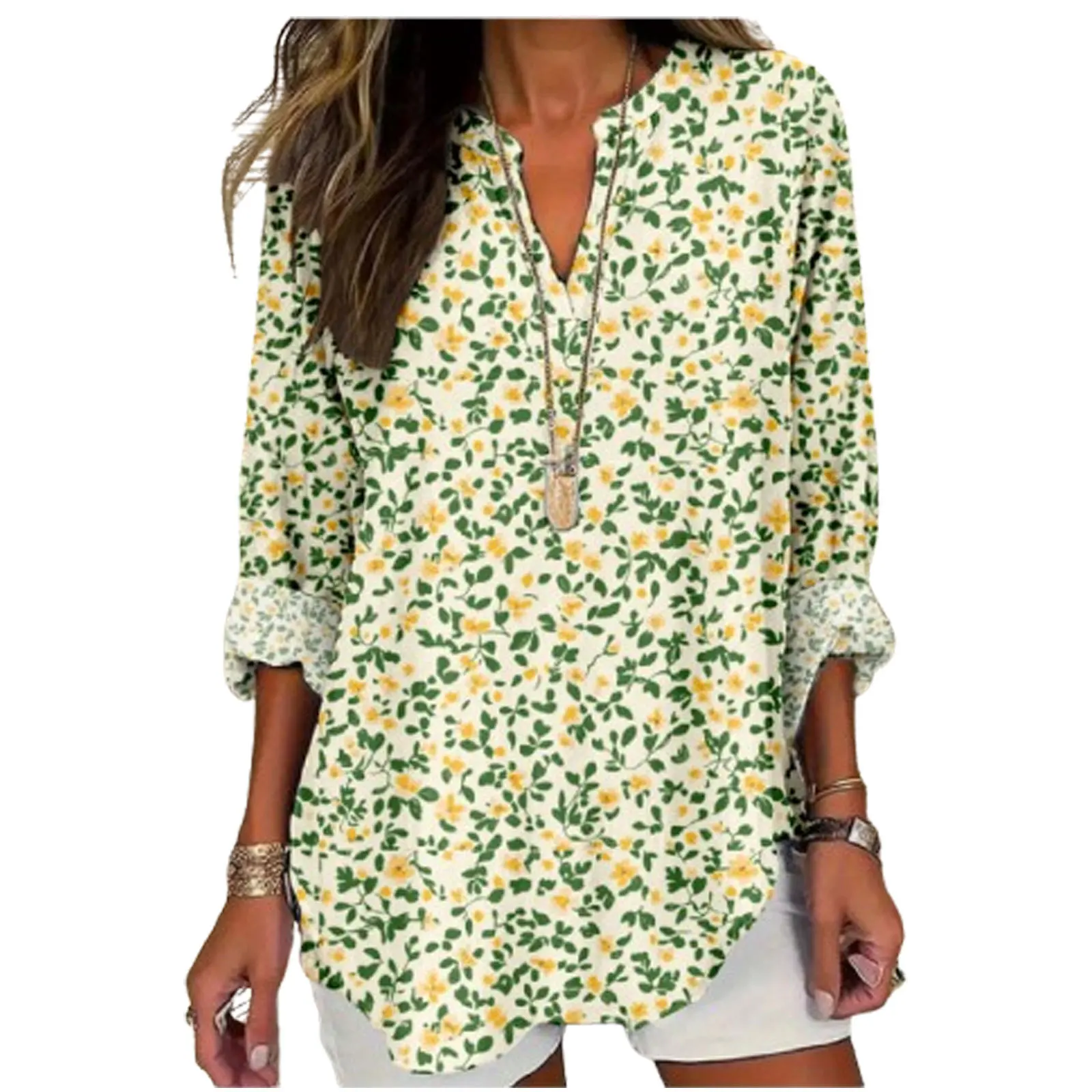 เสื้อเชิ้ตผ้าลินินลายดอกไม้สไตล์โบฮีเมียนสำหรับผู้หญิง คอวี แขนยาว เสื้อคลุมพิมพ์ลายวินเทจ สวมใส่สบายทรงหลวม เหมาะสำหรับฤดูใบไม้ร่วง