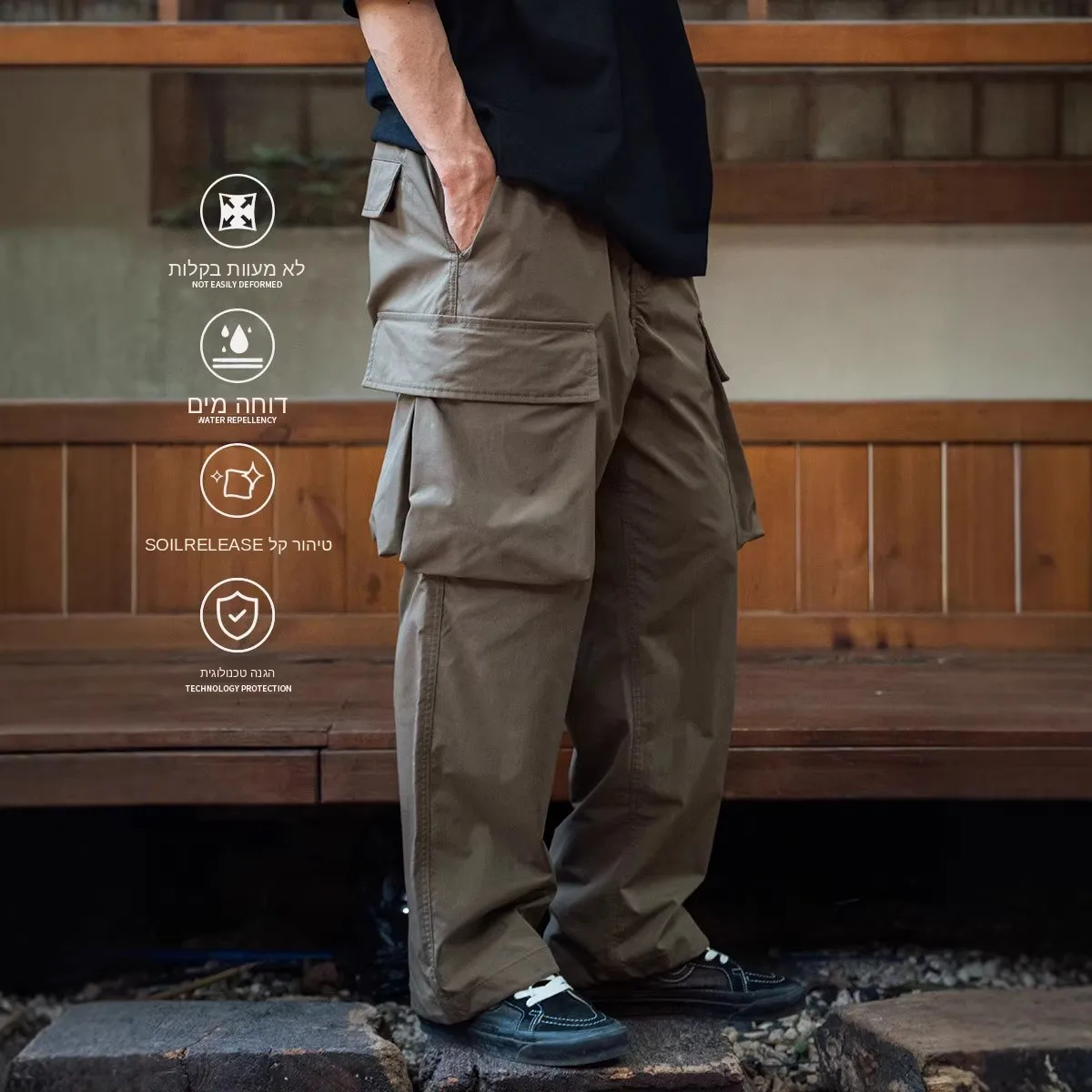 Men's Casual Loose Multi-Pocket Mountain Three-Proof Function Long Pants Straight Leg mid Waist Workwear Polyester Fiber