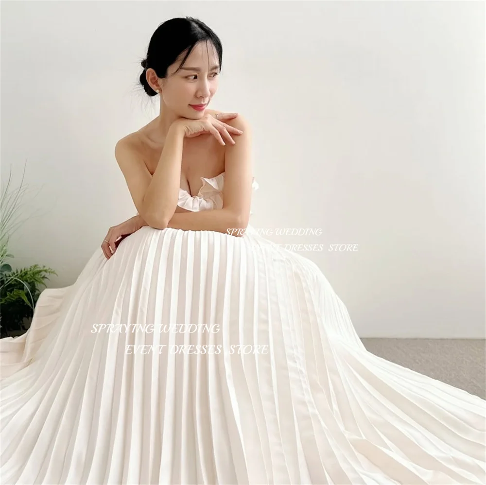 SPRAYING-vestido de novia sencillo de tafetán de marfil, sesión de fotos de Corea, vestidos de novia largos arrugados sin tirantes, corsé personalizado Dende