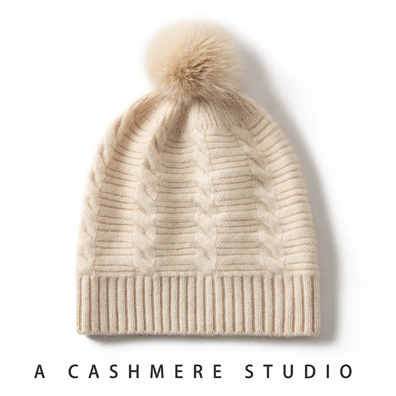 

Natural 100% Pure Goat Cashmere Hat for Women‘s Winter New Outdoor Pompoms cap Knitted Jacquard Beanies Hats Keep Warm Cap