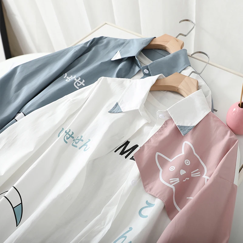 2025 Spring and Autumn Japanese Style Cute Cat Print Color Block Long Sleeve Shirt Men's White Blue Pink Casual Loose Shirt