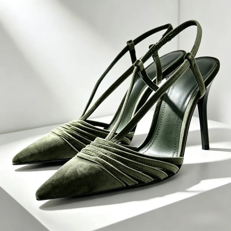 Velvet Effect Body Pumps Women Sexy Pointed Toe Strappy Detail High Heels for Ladies Elastic Back Strap Comfortable Women Shoes