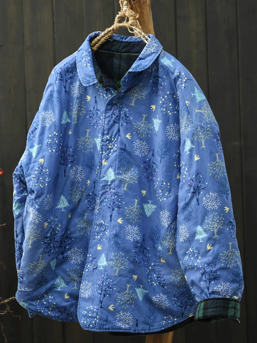 

Artistic Floral Print Double-Sided Wearable Loose Cotton Jacket with Button Collar for Women Winter Thickened Long Sleeve