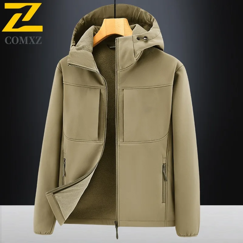 

COMXZ Mens Jacket Casual Hooded Collar Hiking Travel Thickened Warm Parka Coat Solid Color Lightweight Winter New Clothing