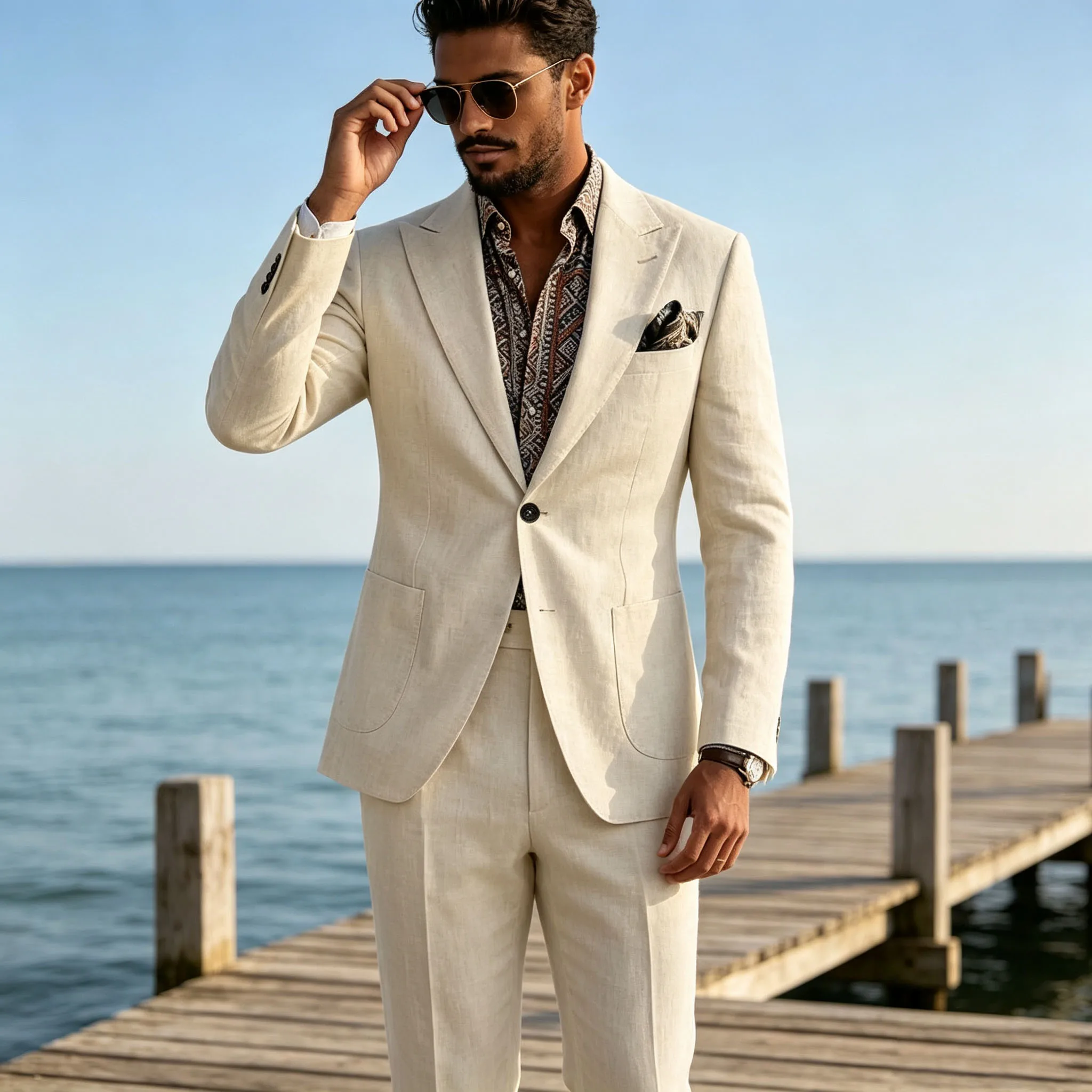 Men's Linen Blend Suit 2 Pieces Set Solid Color Peak Lapel Slim Fit One Button Jacket Pants Formal Outfit Wedding Business Casua